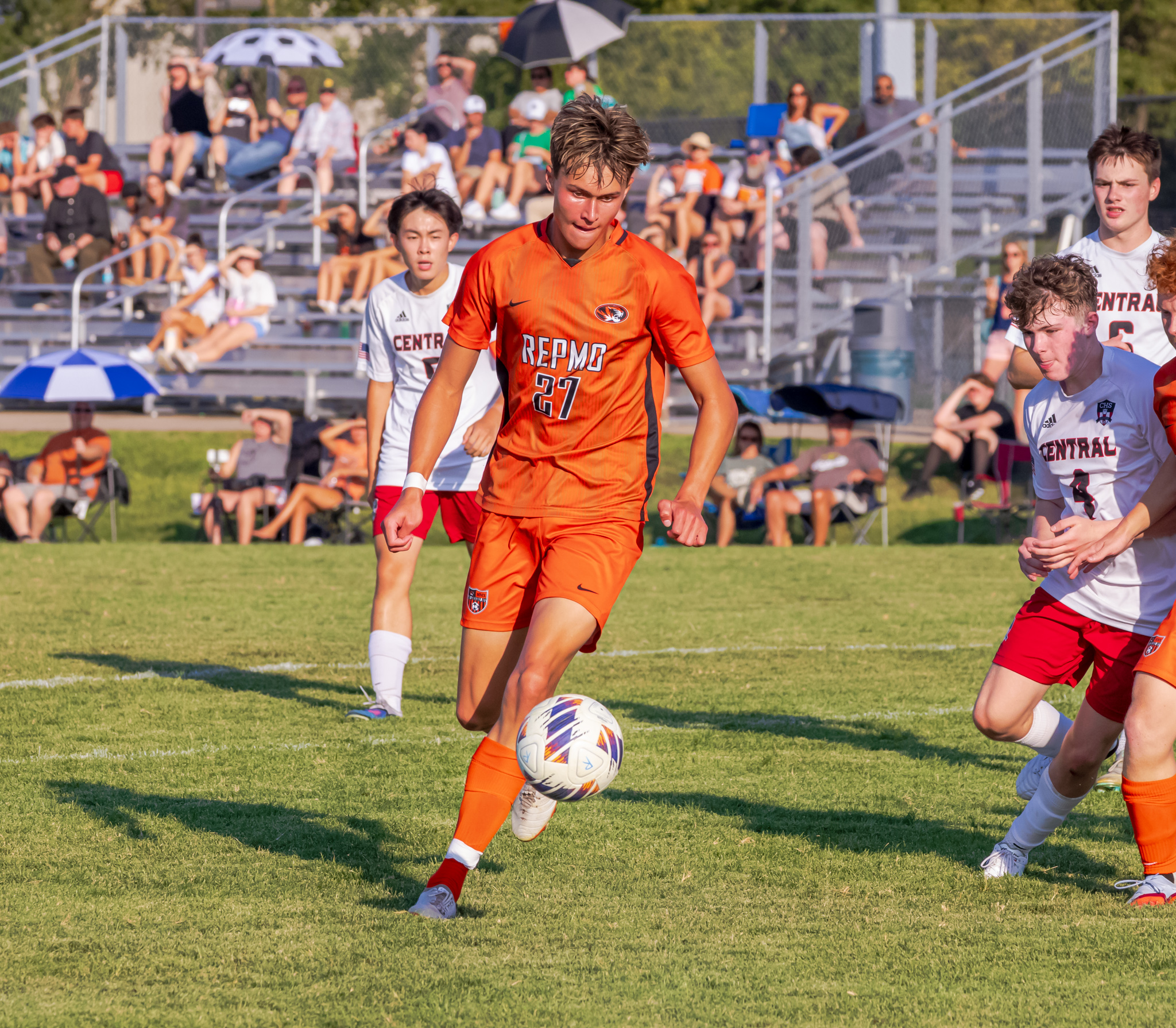Maddox Aldridge pushes the ball upfield against Central